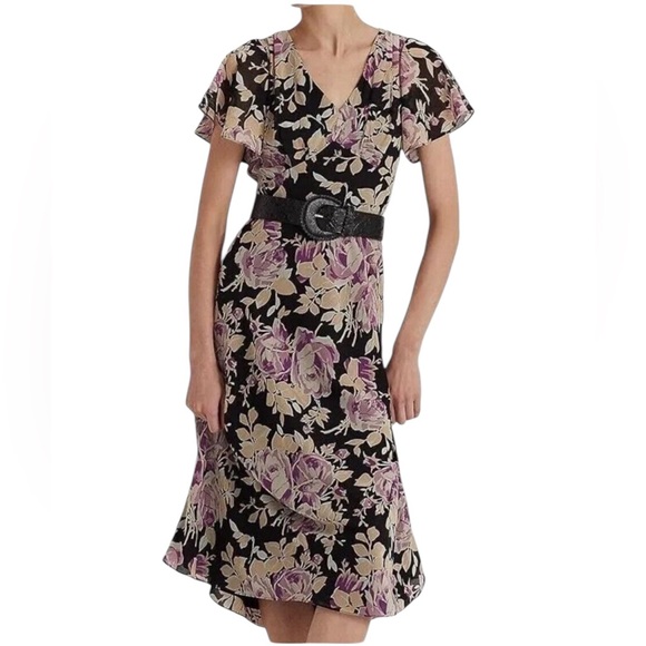 NWT Women’s‎ Ralph Lauren Floral Crinkle Georgette Dress Size 2 - Picture 1 of 9